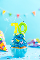 Seventieth 70th birthday cupcake with candle blow out.Card mockup.