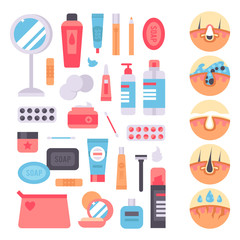 Facial care skin problems vector clean humancosmetic pimple dermatology instability facial skinny care teenager defects elements illustration.