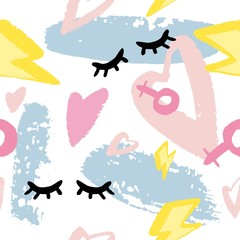 Abstract seamless patterns with hand drawn textures in memphis style. Retro fashion background.