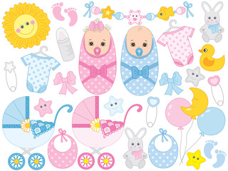 Vector Baby Shower Set with Cute Baby Boy, Baby Girl, Accessories and Toys