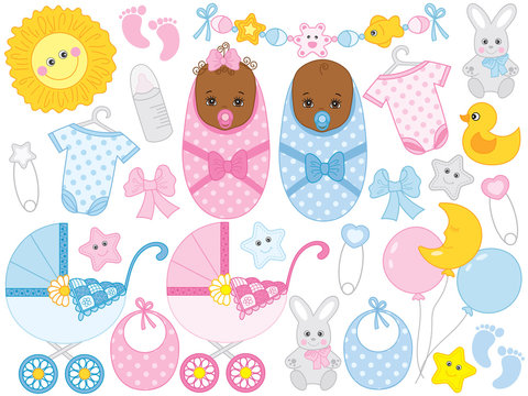 Vector Baby Shower Set with Cute Baby Boy, Baby Girl, Accessories and Toys
