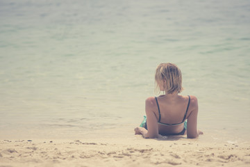 Portrait of Woman Group posing at the Beach with Attractive Smiling, People with Summer Concept. Vintage Tone.