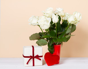 Gift box, red heart and flowers vase