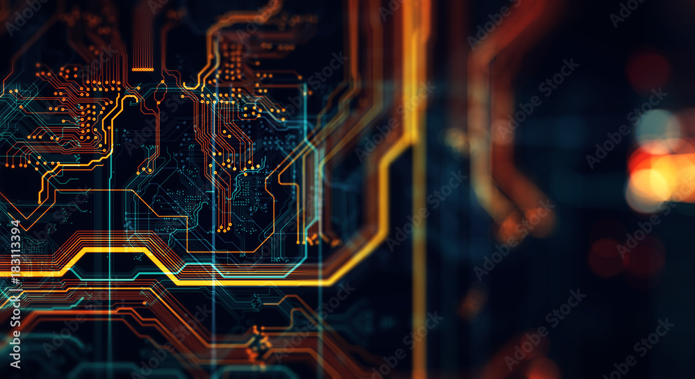Poster Printed circuit board/Abstract technological background made of different element printed circuit board. Depth of field effect and bokeh, can be used as digital dynamic wallpaper