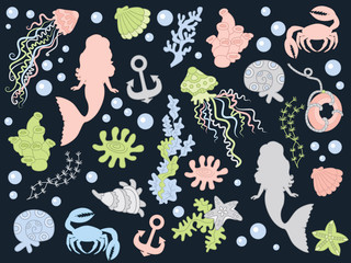Vector Set with Mermaid and Sea Life Elements