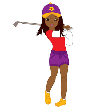 Vector Beautiful Young African American Girl Playing Golf