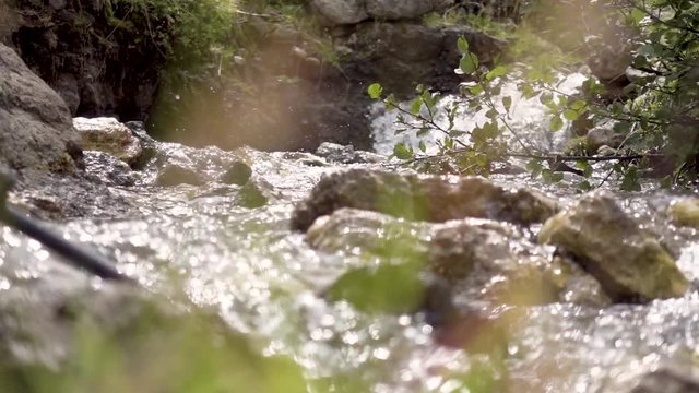 240 fps slow motion creek with flowing water sparkling near Alpe di Siusi