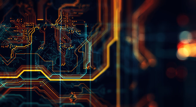 Printed circuit board/Abstract technological background made of different element printed circuit board. Depth of field effect and bokeh, can be used as digital dynamic wallpaper