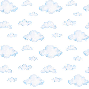 Watercolor baby shower pattern. Blue clouds. For design, print or background