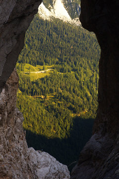 View through the natural window Prisojnikovo okno, Triglav National Park, Slovenia