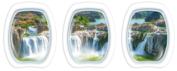 Three porthole frame windows on aerial view of Shoshone Falls or Niagara of the West, Snake River, Idaho, United States. American Summer Holidays in National Parks.