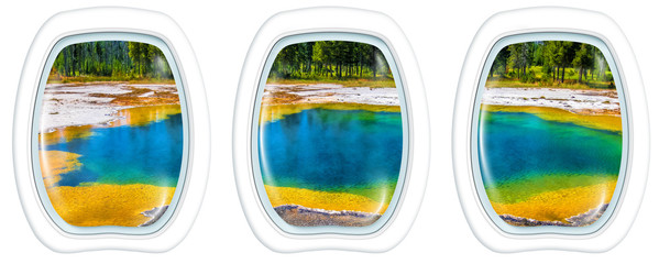 Three porthole frame windows on colorful Abyss Pool in the West Thumb Geyser Basin of Yellowstone National Park, Wyoming, United States. American Summer Holidays in National Parks.