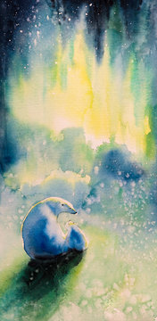 Watercolor painted picture of polar she-bear with  kid and aurora borealis in background.