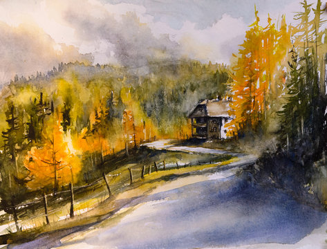 Beautiful landscape with yellow, orange and green trees are growing along moutain road.Picture created with watercolors.