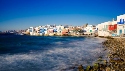 Panoramic view of Little Venice, Mykonos island, Greece with smooth water