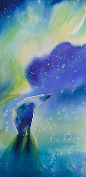 Watercolor painted picture of polar bear with aurora borealis in background.