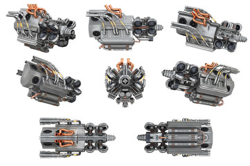 Sci-fi engine steel futuristic car set. 3D rendering - 183116749
