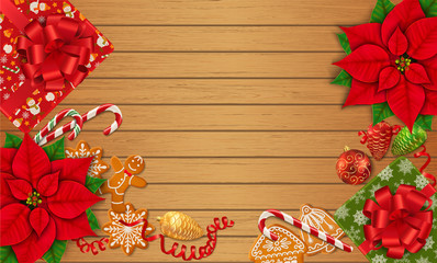 Horizontal Christmas background with place for text. Poinsettia, gingerbread cookies, candy canes, Christmas ornaments and gift boxes on the wooden table. Top view. Vector