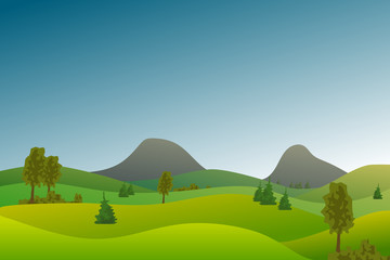 Obraz premium Wektorowy płaski krajobraz z zielonymi wzgórzami i drzewami i błękitnym jaskrawym niebem.