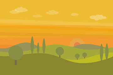 Vector flat landscape with green hills, trees and orange sunset sky with clouds