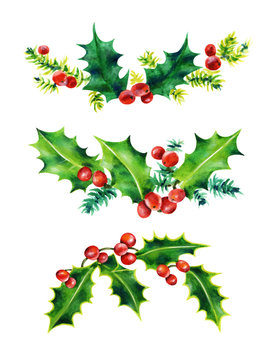 Christmas Holly set.  Holly leaves and red berries.  Watercolor illustration isolated on white background.