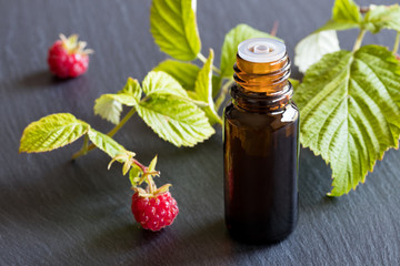 A bottle of raspberry seed oil with fresh raspberries in the background