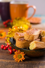 Autumn dessert, stuffed cookies on the wooden table, Thanksgiving food concept
