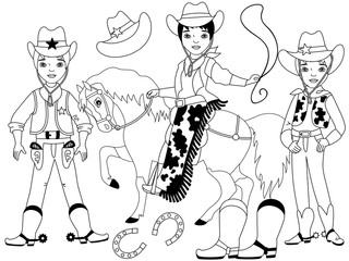 Fototapeta na wymiar Vector Set with Young Cowboys, Horse, Lasso and Horseshoe