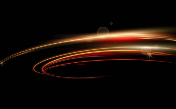 Vector illustration of dynamic lights in dark background. High speed in night time abstraction. Car light trails motion ackground.