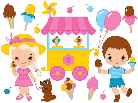 Vector Set with Cute Little Kids Having Ice Cream Party