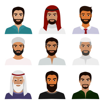 Vector illustration set of muslim avatars, vector arab man icon, saudi characters, arabic businessman in national clothes portraits in flat style.