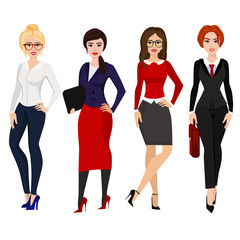 Fototapeta na wymiar Vector illustration of four elegant business women in different poses on white background in flat cartoon style.
