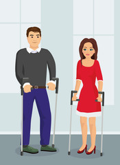 Fototapeta na wymiar Vector illustration of people with crutches. Disabad man and woman talking on the street in flat style.
