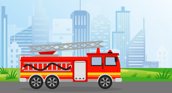 Vector illustration fire truck in flat style on modern city view background.