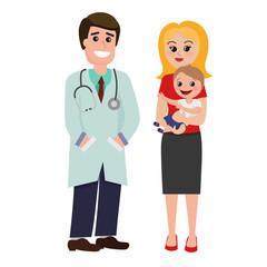 Fototapeta na wymiar Vector illustration of pediatrician doctor with baby boy and mother on white background. Caring for the health of the child in flat cartoon style.