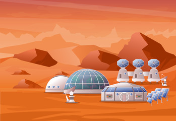 Vector illustration concept of Mars Colonization mission. Mars landscape with mountains. The home for humans on the red planet in flat design. © Natalia