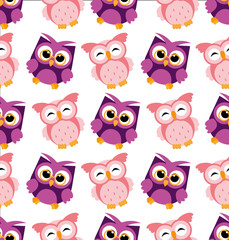 Vector illustration of colorful owl pattern on white background. Happy and joyful cartoon birds in flat style.