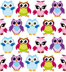 Vector illustration of colorful cartoon funny owls pattern on white background. Happy and joyful birds in flat style.