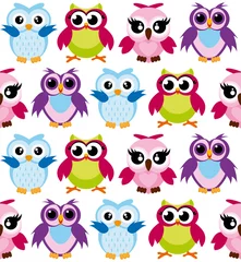 Fotobehang Vector illustration of colorful cartoon funny owls pattern on white background. Happy and joyful birds in flat style. © Natalia
