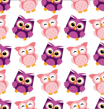 Vector illustration of colorful owl pattern on white background. Happy and joyful cartoon birds in flat style.
