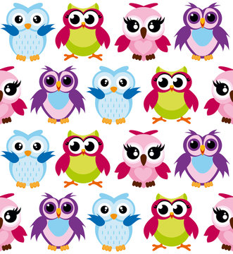 Vector illustration of colorful cartoon funny owls pattern on white background. Happy and joyful birds in flat style.