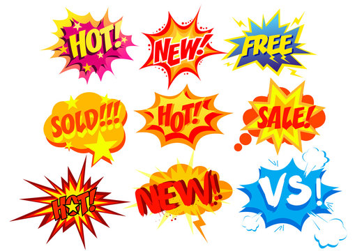 Vector illustration set of bright and colorful cartoon labels. Comic speech bubble background Pop art style.