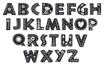 decorative alphabet in Scandinavian style color black and white - vector illustration, eps     © nataka