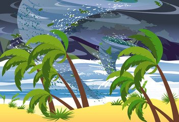 Vector Illustration of hurricane in ocean. Huge waves on the beach. Tropical natural disaster Concept in flat style.