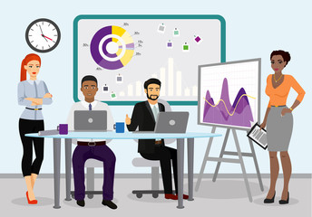 Vector illustration of business team managers working together. businessman leading the presentation during the meeting in office vector illustration.