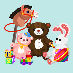 Obraz na płótnie Canvas Vector illustration of colorful and lovely toys set. Toys for kids in flat cartoon design.