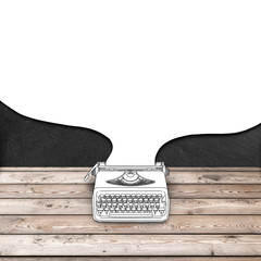 Sketch drawing of typewriter with white cartoon bubble