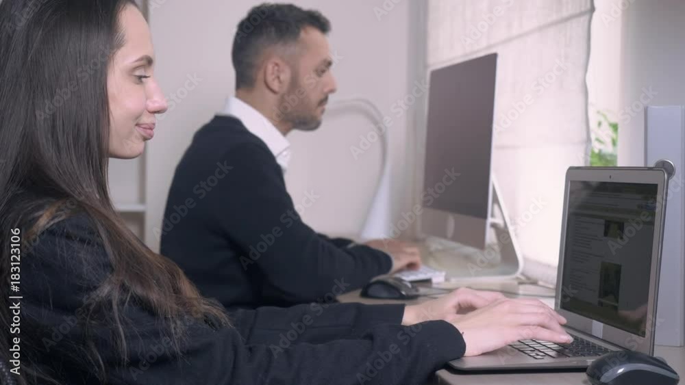 Poster young people working with computers with happy smile. professional woman entering data on laptop sit