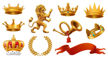 Gold crown of the king. Laurel wreath, trumpet, lion, ribbon. 3d vector icon set