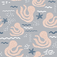 Seamless pattern with abstract octopus and starfish. Scandinavian Childish texture for fabric, textile. Vector background